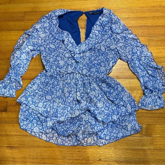 ZARA Womens Long Sleeve Ruffle Romper One Piece Blue Floral Size M  V-neck(E5 - Picture 1 of 12